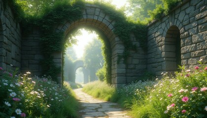 Obraz premium Stone archway ruins covered in ivy with flowers blooming along a winding path. Sunlight streams through ancient stone structures overgrown with green foliage, creating a serene, hidden garden.
