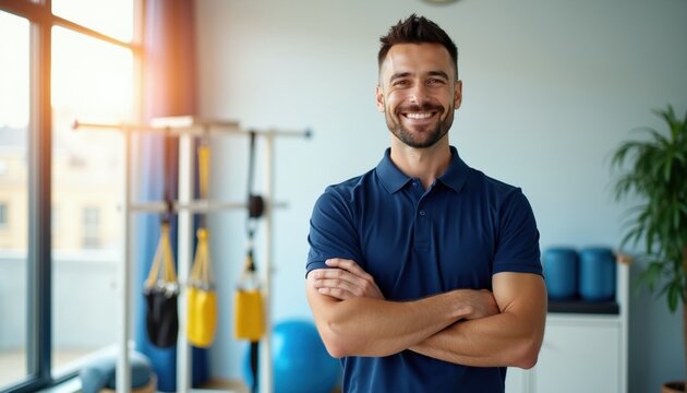 Smiling male physical therapist stands confidently in medical rehabilitation clinic room. Man wears blue polo shirt with arms crossed. Professional expert works in modern physiotherapy center with