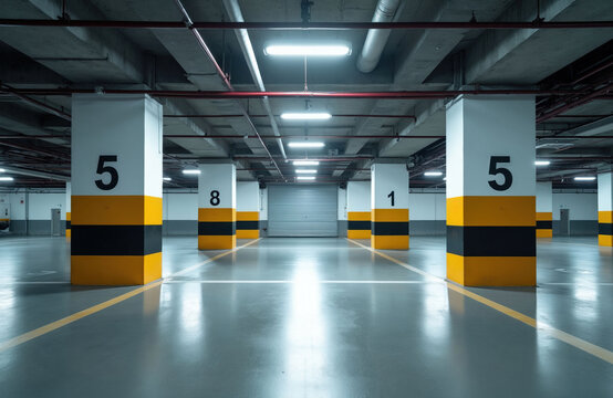 Empty modern underground parking garage with bright LED lighting, numbered concrete columns. Industrial level marked bays with yellow black safety stripes on pillars. Contemporary facility