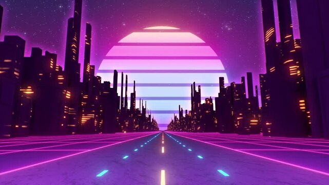 Neon City Highway Synthwave Futuristic Road Loop - Retro Outrun Motion Background Cyberpunk Skyline 4K