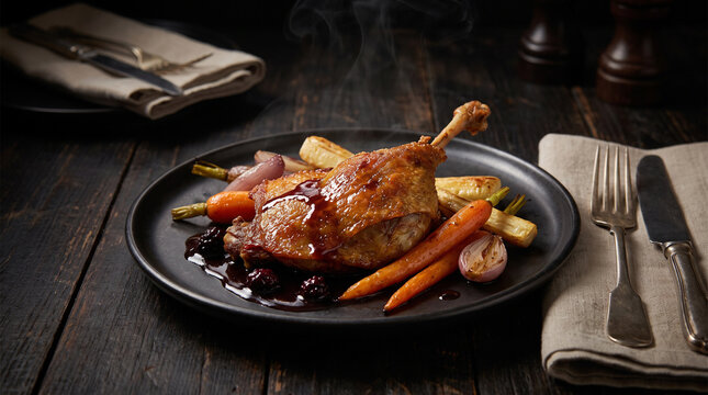 Tender duck confit leg featuring a crispy golden skin and rich blackberry jus, perfectly presented with roasted root vegetables on a dark wooden dining table in a luxury venue.