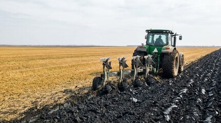 Obraz premium Green tractor plowing a vast field, turning rich dark soil for agricultural preparation in a realistic rural landscape