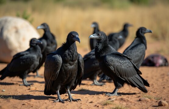Group of black vultures stand on dry sandy ground in natural habitat. Scavenger birds with dark feathers gather in field under sunlight. Large predator avian species rest together on earth in open