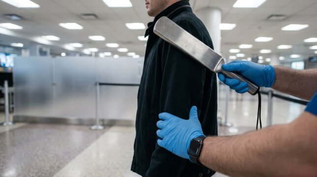 Security officer uses handheld metal detector to scan commuter at airport checkpoint for safety and public security