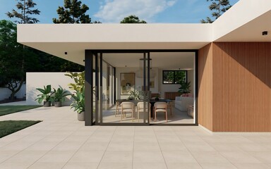 Fototapeta premium Modern Luxury Villa Exterior Featuring Seamless Indoor Outdoor Living with Large Glass Doors