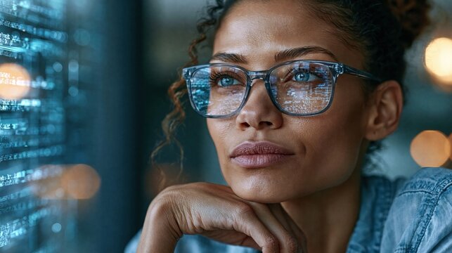 Futuristic software and hardware , coding hologram, serious concentrated attractive woman thinking about data analytics, digital technology. Programmer programming cybersecurity research and IT 	
