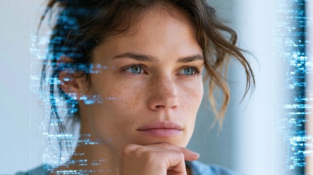 Futuristic software and hardware , coding hologram, serious concentrated attractive woman thinking about data analytics, digital technology.