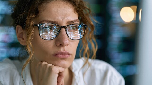 Futuristic software and hardware , coding hologram, serious concentrated attractive woman thinking about data analytics, digital technology.