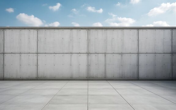 A Large Plain Concrete Wall With A Smooth Tiled Floor Against A Clear Blue Sky Background