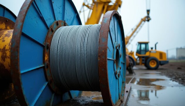 Close view of large blue industrial cable spool with coiled metal wire. Rusty metal drum contrasts with bright blue paint. Heavy machinery like yellow crane and bulldozer visible on wet ground site.