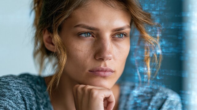 Futuristic software and hardware , coding hologram, serious concentrated attractive woman thinking about data analytics, digital technology.