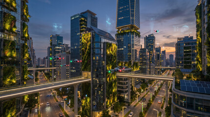 Fototapeta premium Futuristic cityscape of a modern smart eco-city at twilight featuring glowing glass skyscrapers covered in vertical green gardens. Advanced cyber technology and urban life.