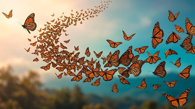 Monarch butterfly migration a swarm takes flight against a vibrant sky