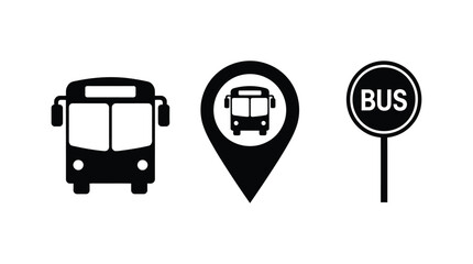 Bus transportation icons silhouette of a bus location pin and bus stop sign © AkhiKhanam