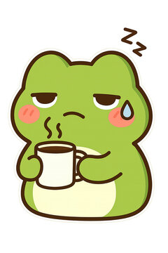Sleepy cartoon amphibian with heavy eyes holding hot beverage decal illustration