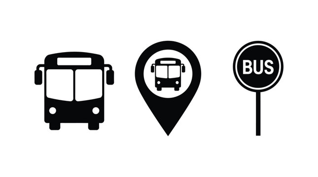 Bus transportation icons silhouette of a bus location pin and bus stop sign