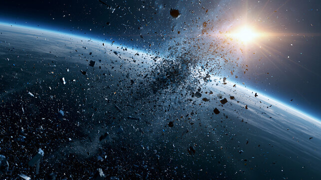 Space debris field expanding around Earth after a collision, thousands of fragments orbiting with sunlight