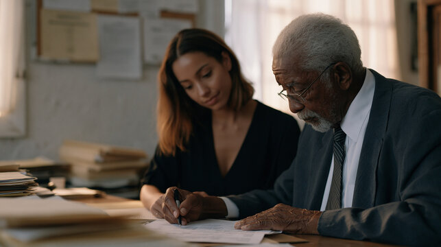 Legal aid paralegal at a cluttered community center table helping an anxious elderly man fill out housing court documents, late afternoon fluorescent light, stacks of case files,