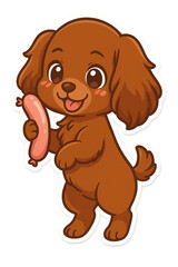 Fototapeta premium Hungry kawaii brown spaniel holding a sausage while licking mouth vector decal illustration