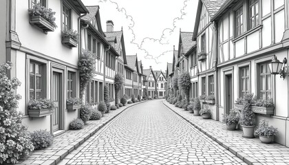 Obraz premium Charming street with cobblestone path lined by idyllic timber-framed houses. Plants and flowers adorn window boxes and walls. Classic European town scene, ideal for coloring.