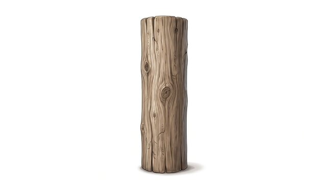 Rough wooden log standing vertically on white background. Natural birch or pine tree trunk slice with bark texture. Sustainable raw material for DI...