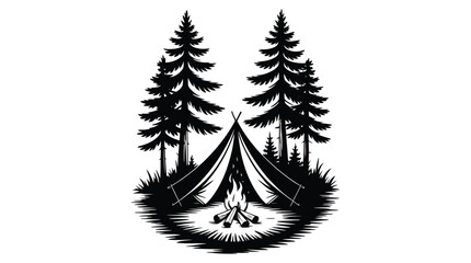 Camping silhouette design tent pine trees and campfire vector illustration © AkhiKhanam