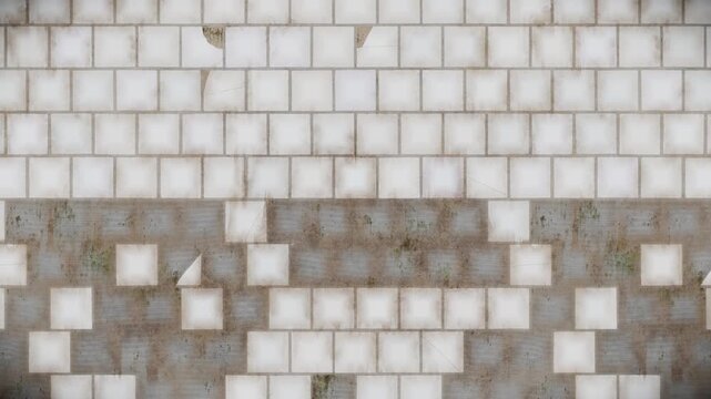 Abstract pattern background of distressed off-white tiles with a grungy brown texture, a seamless loop.