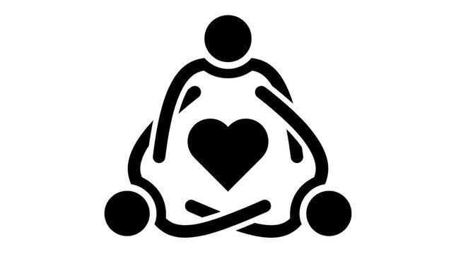 Abstract love triangle icon showing three human figures connected around a heart shape. Vector illustration of polyamory, relationship complication, and friendship.