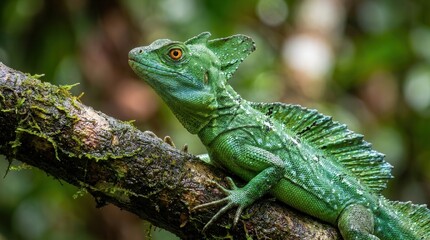 Fototapeta premium Green Basilisk Lizard Perched on Mossy Branch in Lush Rainforest.