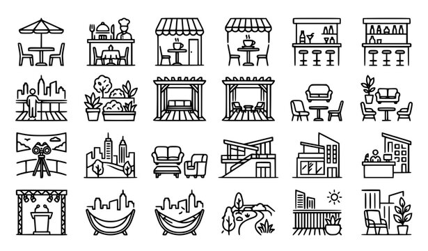 Rooftop deck vector icon set featuring rooftop restaurant terrace outdoor lounge and editable stroke hospitality symbols