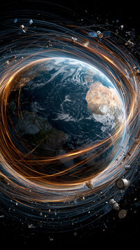 Planet Earth accumulating orbital pollution and space debris, visualizing global environmental impact