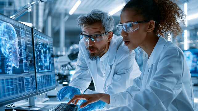Diverse scientists collaborating on advanced AI system developing future medical technology in research lab