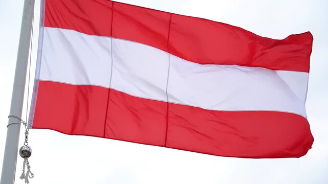 Flag of austria waving in the wind against a cloudy sky
