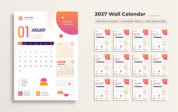 2027 wall calendar design template. Modern gradient monthly planner with notes and next month preview. 12 monthly pages.