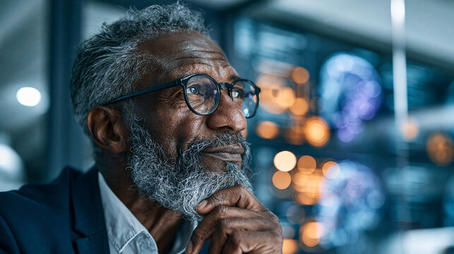 Senior african american executive contemplating future business strategy in modern data environment