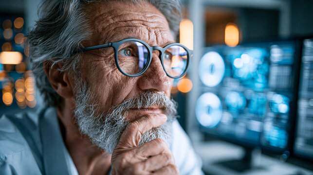 Senior executive analyzing complex data and artificial intelligence output in a high-tech office environment, contemplating future decisions