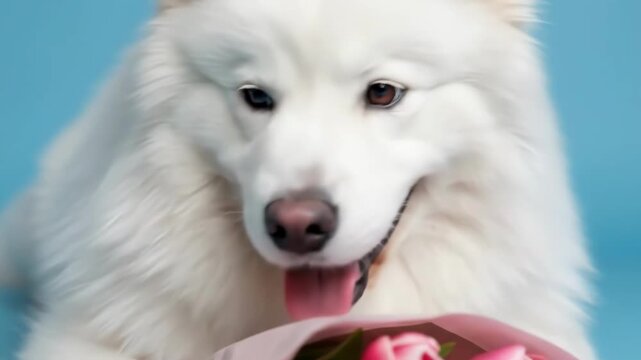 White samoyed dog with a bouquet of pink tulips