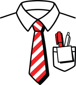 Businessman shirt collar with red striped tie and pocket pens, office dress code vector illustration