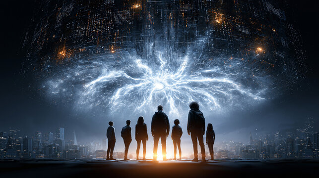 Group of people witnessing powerful energy from a complex futuristic structure hovering over the city