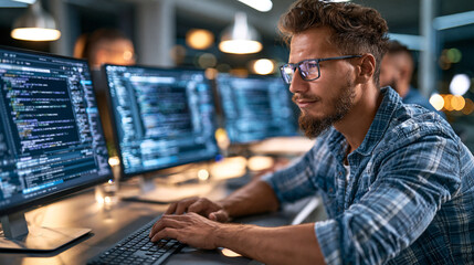 Fototapeta premium Software developer coding on multiple screens, transforming digital ideas into functional applications in a modern office
