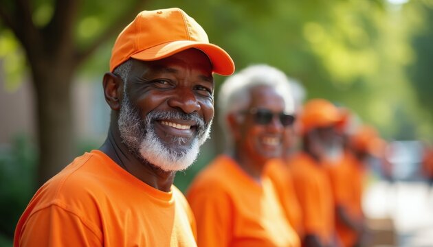 Happy senior black man smiles wearing orange uniform shirt, cap. Diverse group of elderly volunteers works together for charity project outdoors. Friendly older people participate in social community