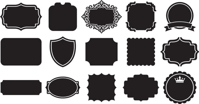 Decorative vintage blank frames collection, black silhouette label stickers set isolated on white background