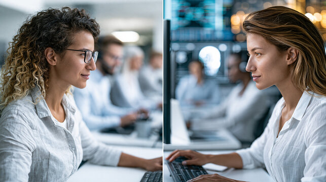 Employees working in traditional office setting and advanced data center, comparing old and new work environments