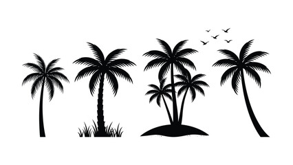 Fototapeta premium Black silhouette of palm trees with birds flying