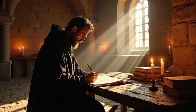 Monk writes manuscript in medieval scriptorium at wooden desk with quill. Bearded man in robe copies religious book in stone room. Sunlight streams through window illuminating candles, aged paper.