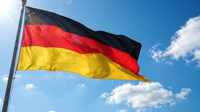 German flag waving against a blue sky with clouds