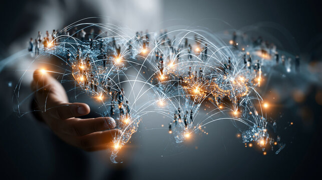 Human hand holding world map with glowing connections, visualizing global business network and jobs transformation