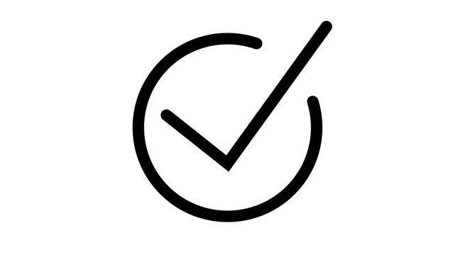 Black check mark icon animation verified success symbol on a white background.,with 4k video animation.