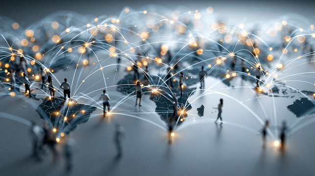 Global people network connecting on world map, visualizing business communication, collaboration, and modern workforce transformation