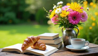 Fototapeta premium Fresh bouquet of colorful flowers in vase stands on wooden table with open book. Golden croissants, cup of hot tea sit nearby. Sunny garden provides bright background for quiet morning leisure